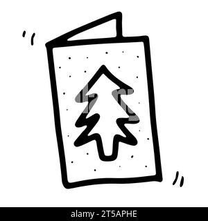 Kritzele Postkarte mit Weihnachtsbaum, Schneeflocken. Handgezeichnete Winterkarte mit Umriss isoliert auf weißem Hintergrund. Zeichen der Glückwünsche, Einladung, Post Stock Vektor