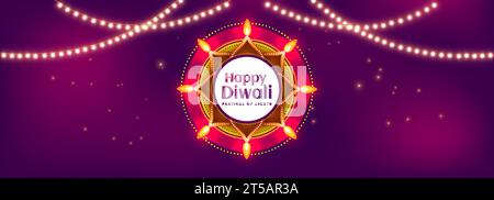 Illustration des Diwali Festivalbanner mit wunderschönem Mandala, beleuchteten Öllampen und Dekoration von hängenden Lichtern auf dunklem Hintergrund. Stock Vektor