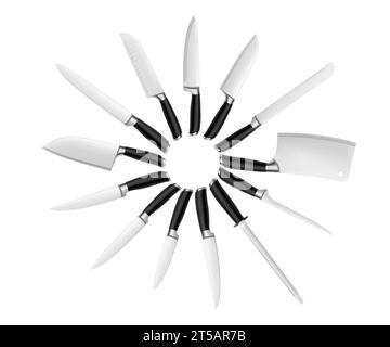 Set von Küchenmessern aus Stahl isoliert auf weißem Hintergrund. Metzgermesser Werkzeuge, Kochmesser, vielseitig einsetzbar und zum Schneiden von Obst und Gemüse. Für das Restaurant Stock Vektor