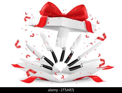 Küchenmesser aus Stahl mit Geschenkbox im Inneren, Präsenzkonzept. Isoliert auf weißem Hintergrund. Realistische 3D-Vektordarstellung. Metzgermesser, Kochmesser Stock Vektor