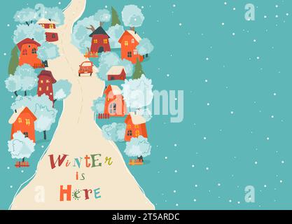 Hübsche Cartoon-Häuser mit Winterbäumen Stock Vektor