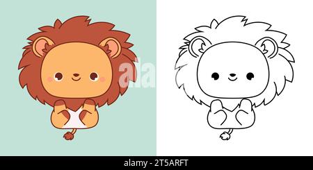 Legen Sie Clipart Lion Coloring Page und farbige Illustration fest. Kawaii Isoliertes Babytier. Niedliche Vektor-Illustration eines Kawaii Königstiers für Aufkleber Stock Vektor