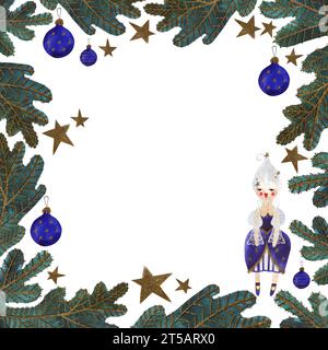 Aquarellrahmen mit verziertem weihnachtsbaum und Puppen. Weihnachtskarte. Kinderspielzeug. Ein Weihnachtsgeschenk. Raster-Illustration für Verpackung, Greeti Stockfoto
