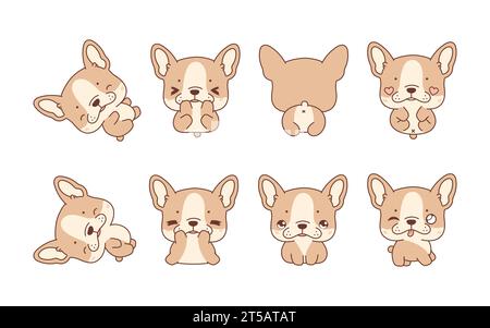 Set von Kawaii isoliert Französisch Bulldog Welpen. Sammlung von Vector Cartoon PET Illustrationen für Aufkleber, Baby Dusche, Malseiten, Drucke für Stock Vektor