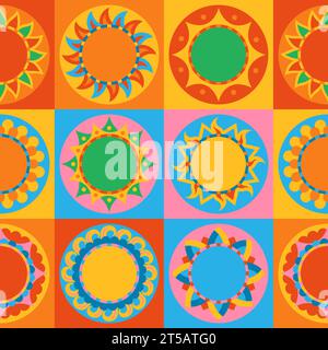 Abstraktes Boho-Cartoon-Muster der Sonne. Ethnische Bohème Stil Sonnen grenzenloser Hintergrund. Sonniges, flaches Retro-Wiederholungsmuster mit dekorativem Design. Sommer Vektor trendige Ornament für Tapeten, Textil, Tapeten Stock Vektor