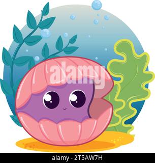 Niedlicher Muschelcharakter und Seetang Sealife Vektor Stock Vektor