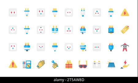 Elektrische Steckdosenarten flache Symbole setzen Vektorillustration. Symbole Sammlung von weltweiten Standards für Verkaufsstellen verschiedener Länder, Sicherheitsausrüstung, Ausrüstung von Elektrikern und Batterie. Stock Vektor
