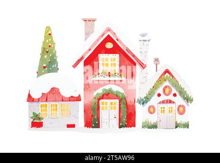 Aquarell gemütliches kleines Haus in der Winterszene Vektor-Illustration, frohe weihnachten Postkartendesign, saisonale Neujahrsgrüße Stock Vektor