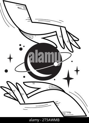 Isoliertes Paar Hände, die ein Symbol für die Skizze des Planeten Esoterismus halten Vektor Stock Vektor