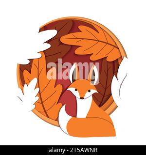 Niedlicher Fuchs mit ein paar Herbstblättern Herbstpapierkunst Vektor Stock Vektor