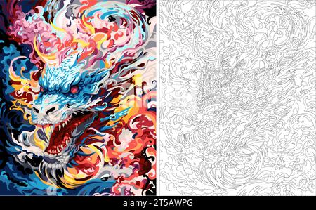 Färbung nach Zahlen, Schwarzweiß-Drachenzeichnung, komplexe Strichkunst, intensiver Strichkunstvektor, flaches Bild Stock Vektor