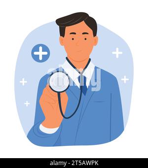 Männlicher Doktor in Medical Gown Holding Stethoskop für Health Check Up Konzept Illustration Stock Vektor