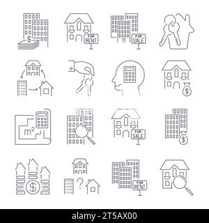 Icons für dünne Linien in Immobilien. Wohn- und Geschäftshäuser. Lineare Stilsymbole isoliert auf weiß. Symbolgruppe mit bearbeitbarer Kontur Stock Vektor