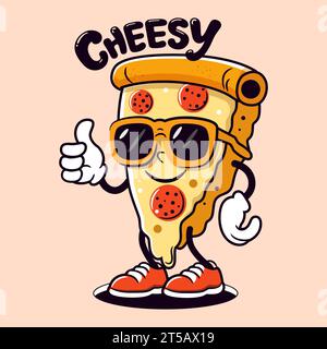 Grooviges Stück Pizza, lustige Charaktervektor-Illustration. Vektorabbildung. Stock Vektor