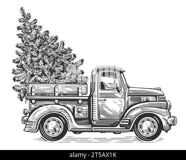 Weihnachts-Retro-Truck mit Kiefer im Skizzenstil. Handgezeichnete Vintage-Vektor-Illustration Stock Vektor