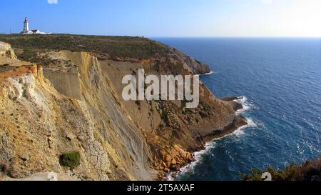 Espichel cape Leuchtturm auf einer Klippe mit Blick auf den Atlantik. Sesimbra, Setubal, Portugal. Stockfoto