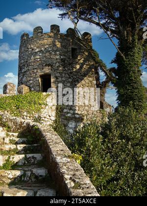 Mittelalterliches Castelo dos Mouros, auch bekannt als Schloss der Mauren in Sintra, Portugal. Wachturm und Verteidigungsmauer Stockfoto