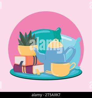 Bücher mit Kissen und Teekanne Hygge Szenario Vektor Stock Vektor