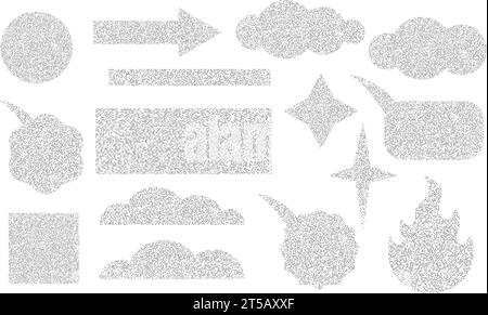 Sammlung verschiedener Symbole für die Sandstruktur. Geometrische Formen und Symbole mit körnigem Rauscheffekt. Grunge Stern, Herz, Pfeil, Quadrat, Feuer, Rechteck, Stock Vektor
