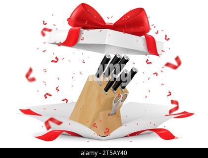 Küchenmesser und Schere mit Holzblock in offener Geschenkbox, Präsenzkonzept. 3D-Rendering isoliert auf weißem Hintergrund. Metzgermesser, Koch K. Stock Vektor