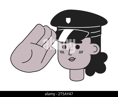 afroamerikanische Polizistin grüßt schwarz-weiße 2D-Vektor-Avatar-Illustration Stock Vektor