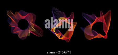 Klingen Sie sanfte Wellen verschiedener Formen, und stellen Sie den Equalizer Rainbow Farbverlauf ein. Geometrische Vektorformen isoliert auf schwarzem Hintergrund Stock Vektor