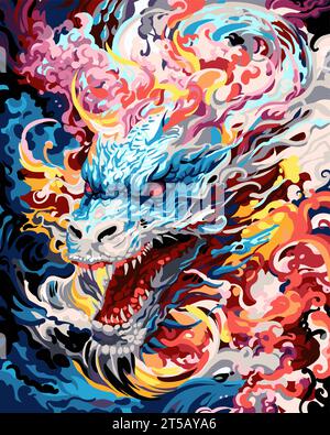 Färbung nach Zahlen, Schwarzweiß-Drachenzeichnung, komplexe Strichkunst, intensiver Strichkunstvektor, flaches Bild Stock Vektor