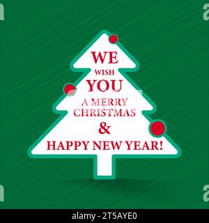 Wünsche für ein frohes neues Jahr und Weihnachten innerhalb der Umrisse eines Weihnachtsbaums auf einem schraffinierten grünen Hintergrund, Vektorillustration Stock Vektor