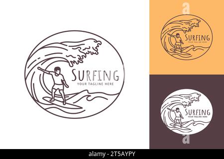 Surfing Line Art Logo Konzeptstempel des Menschen, der mit rollenden Meereswellen surft Stock Vektor