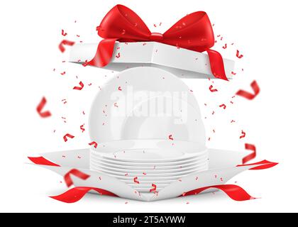 Glänzendes Geschirr und Porzellanküchen-Teller in einer offenen Geschenkbox. Vorstellung des Konzepts. Isoliert auf weißem Hintergrund. Realistische 3D-Vektordarstellung. Stock Vektor