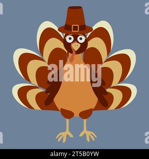 Truthahn in einem traditionellen Pilgerhut, isolierte Vektor-Grafiken im Cartoon-Stil. Feiertags-Thanksgiving-Tag flache Vogel-Illustration für Dekoration Design, Stock Vektor