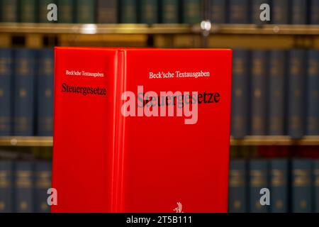 Symbolbild der Steuerberatung: Fachbuch STEUERGESETZE aus dem Beck-Verlag vor einem Bücherregal Stockfoto