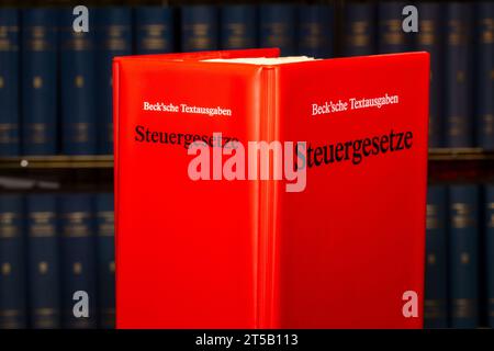 Symbolbild der Steuerberatung: Fachbuch STEUERGESETZE aus dem Beck-Verlag vor einem Bücherregal Stockfoto