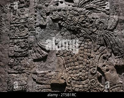 BAS Reliefschnitzerei in einem Stelen-Grabstein eines maya-Herrscherkönigs mit maya-Hieroglyphen-Schriftzeichen, Mexiko-Stadt. Stockfoto