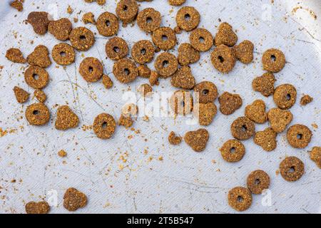 Nahaufnahme von trockenem Katzenfutter in einer Futterschüssel. Stockfoto