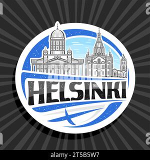 Vektor-Logo für Helsinki, weißes dekoratives Etikett mit Illustration der berühmten historischen helsinki Stadtlandschaft auf Tageshimmel Hintergrund, Kunstdesign Kühlschrank Stock Vektor