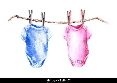 Body in Rosa und Blau mit Wäscheleinen und Wäscheständern. Er oder sie, Junge oder Mädchen Aquarell Handzeichnung Illustration isoliert weißen Hintergrund Set Stockfoto