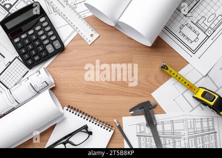 Technischer Plan Zeichnung Holzhintergrund Stockfoto