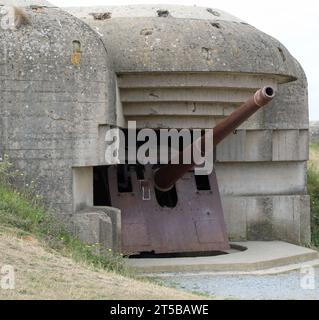 Longues-sur-Mer Battery, L, Frankreich - 21. August 2022: OLD Gun Battery of Atlatic Wall in Normandie Stockfoto