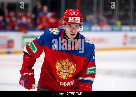 Sankt Petersburg, Russland. November 2023. Rußland U20 Hockeyspieler Jegor Rimashevsky (3) beim Liga Stavok Cup der Zukunft zwischen Russland U20 und Kasachstan U20 beim SC Jubilee. Endstand; Russland U20 12:1 Kasachstan U20. Quelle: SOPA Images Limited/Alamy Live News Stockfoto