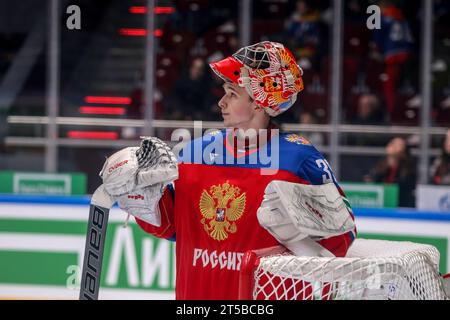 Sankt Petersburg, Russland. November 2023. Russland U20 Hockeyspieler Sergej Murashov (35), der beim Liga Stavok Cup der Zukunft zwischen Russland U20 und Kasachstan U20 beim SC Jubilee zu sehen war. Endstand; Russland U20 12:1 Kasachstan U20. (Foto: Maksim Konstantinov/SOPA Images/SIPA USA) Credit: SIPA USA/Alamy Live News Stockfoto