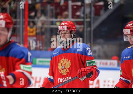 Sankt Petersburg, Russland. November 2023. Russland U20 Hockeyspieler Igor Tschernyshov (25), der während des Liga Stavok Cup der Zukunft zwischen Russland U20 und Kasachstan U20 beim SC Jubilee gesehen wurde. Endstand; Russland U20 12:1 Kasachstan U20. Quelle: SOPA Images Limited/Alamy Live News Stockfoto