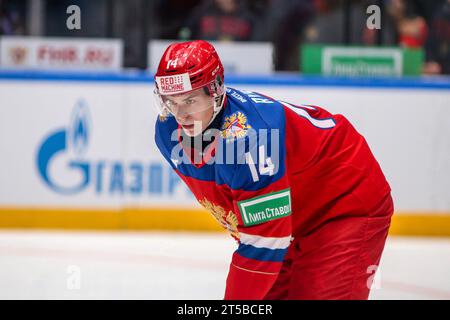 Sankt Petersburg, Russland. November 2023. Russland U20 Hockeyspieler Alexander Rykov (14), der beim Liga Stavok Cup der Zukunft zwischen Russland U20 und Kasachstan U20 beim SC Jubilee zu sehen war. Endstand; Russland U20 12:1 Kasachstan U20. (Foto: Maksim Konstantinov/SOPA Images/SIPA USA) Credit: SIPA USA/Alamy Live News Stockfoto