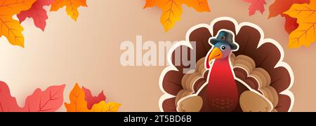 Thanksgiving Day Banner mit Thanksgiving türkei Zeichentrickstil und Herbstlaub - horizontaler Hintergrund kein Text leer Stock Vektor