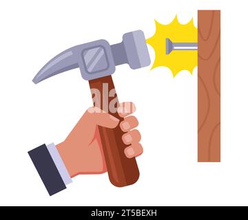 Mit einem Hammer einen Nagel in Holz treiben. Illustration des flachen Vektors. Stock Vektor