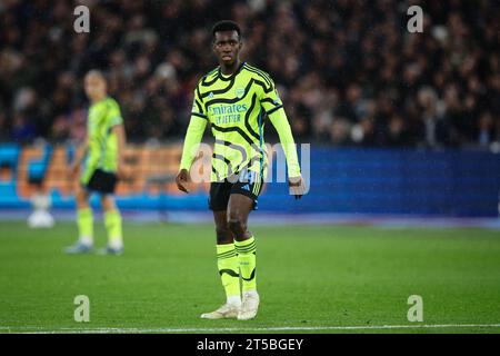 LONDON, UK - 1. November 2023: Eddie Nketiah von Arsenal sieht beim Spiel der vierten Runde des EFL Cup zwischen West Ham United und Arsenal FC in London S an Stockfoto