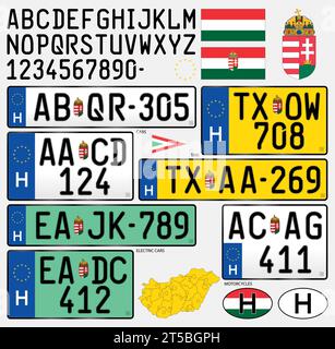 Ungarisches Autokennzeichen, neues Paternjahr 2022, Buchstaben, Zahlen und Symbole, Vektorillustration, Europäische Union Stock Vektor