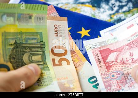 Bulgarien Euro, Beitritt zur Eurozone, Umtausch von bulgarischem Lew-Geld gegen Euro Stockfoto