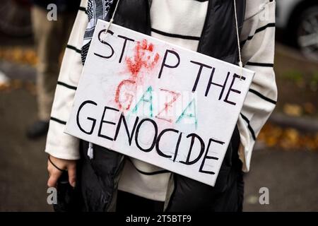 Düsseldorf, Deutschland. November 2023. Eine Frau trägt ein Schild mit der Aufschrift "stoppt den Völkermord in Gaza" bei einer propalästinensischen Kundgebung. Nach Angaben der Polizei nahmen rund 1000 Menschen an der pro-palästinensischen "Demonstration für Menschenrechte" Teil. Quelle: Christoph Reichwein/dpa/Alamy Live News Stockfoto