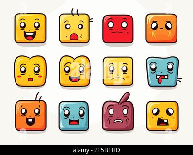 Zeichnung von 8 Typen Symbol für Doodle Emoji Face Set Illustration getrennte, überzogene Linien. Stock Vektor